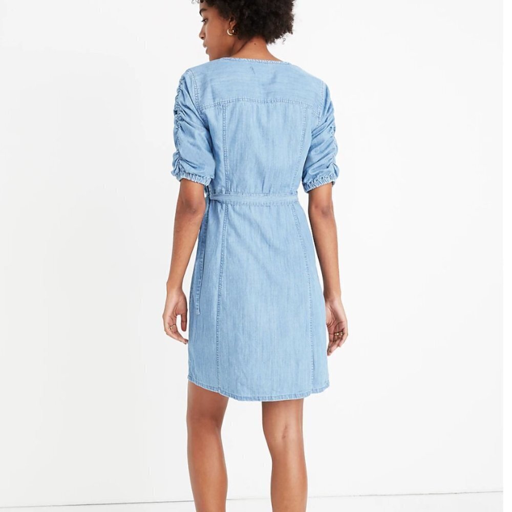 MADEWELL Women's Dress XS Blue Chambray Shirred-Sleeve Wrap Waist Elsworth Wash - Picture 8 of 8